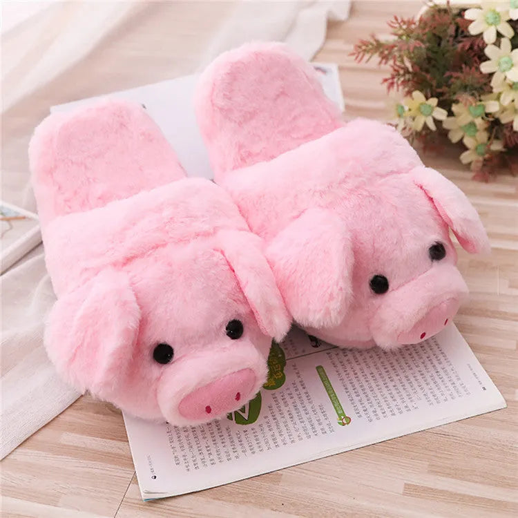 Pink pig floor slippers with short plush fabric and PP cotton filling showing size 36-39 options