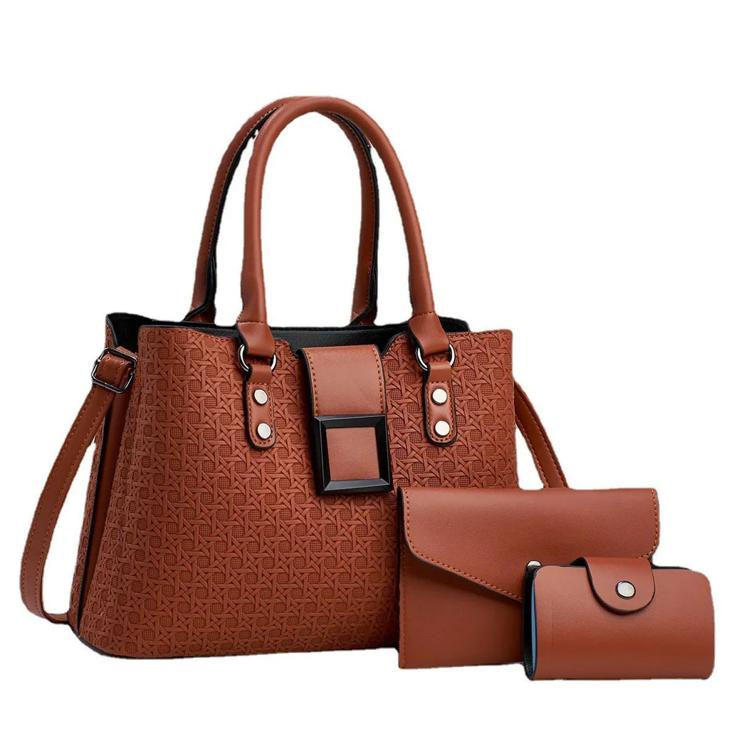 Three-piece women's crossbody bag in textured PU with square vertical shape and shoulder strap