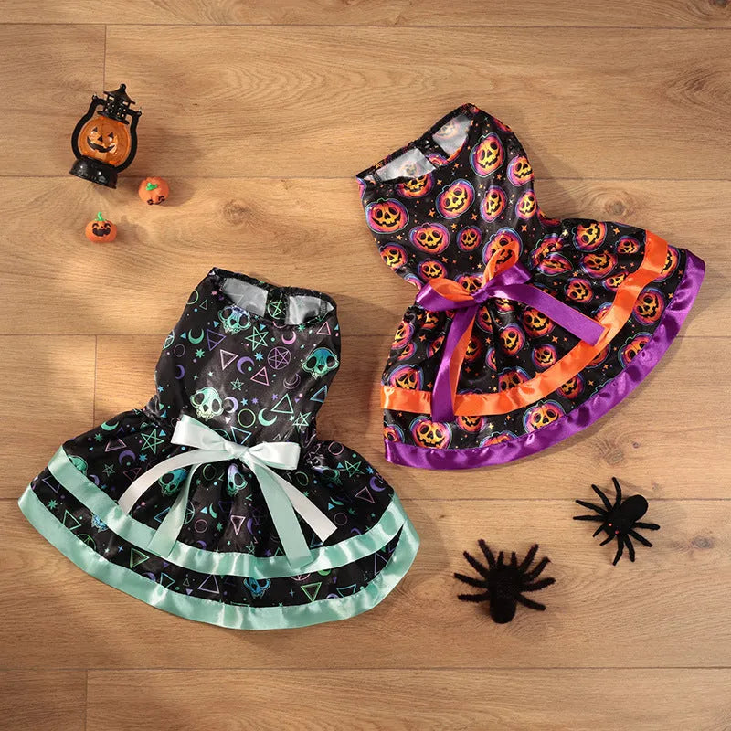Halloween pet skirt for dogs with colourful pumpkin or skull print in double-layer polyester construction