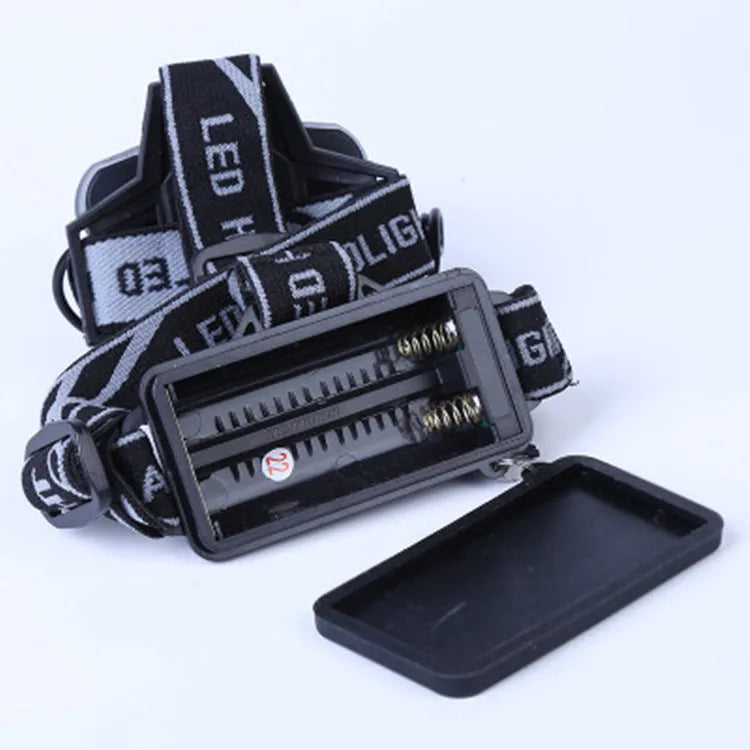 Outdoor waterproof head torch with long-range LED beam on adjustable head strap.