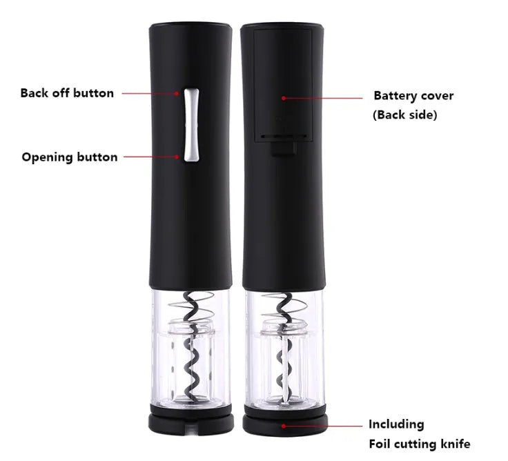 Automatic electric wine opener set with foil cutter stopper and pourer in black finish