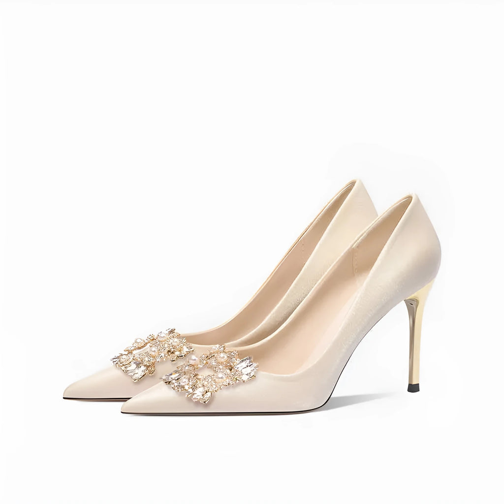 French wedding crystal bridal high heels with rhinestones on a pointed-toe pump, showing stiletto and cat heel options.