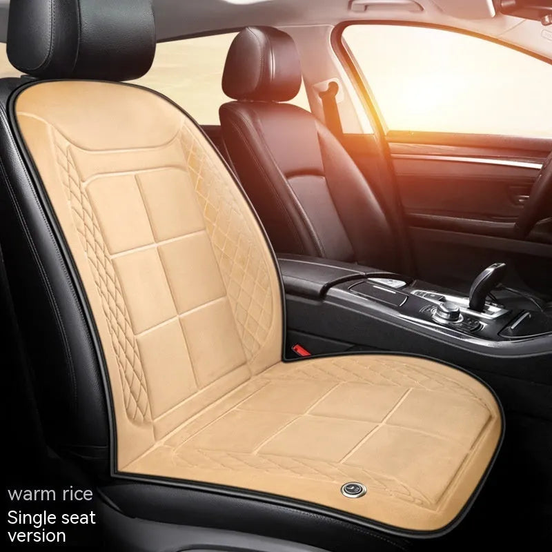 Automotive heating cushion on car seat in beige colour with cotton filler for winter comfort