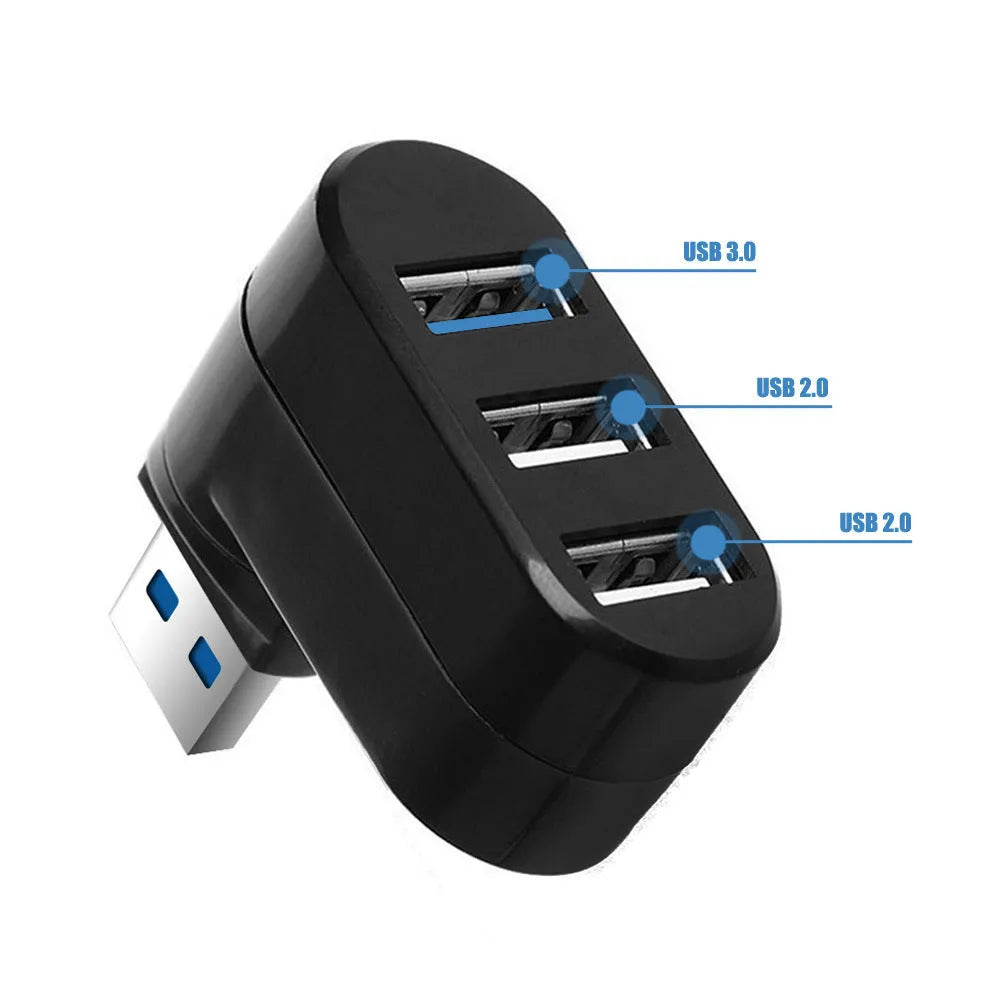 Black USB rotary splitter hub with four ports and swivel design on white background