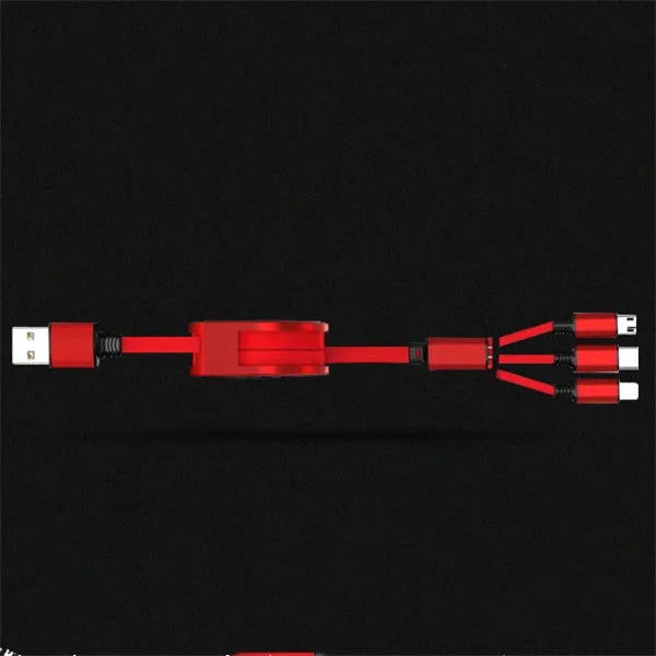 Black retractable 3-in-1 USB charging cable extended to 1.2 metres with titanium alloy connectors.