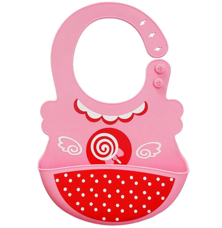 Waterproof silicone baby feeding bib with deep pocket in multiple colours, 28x21cm, on a white background