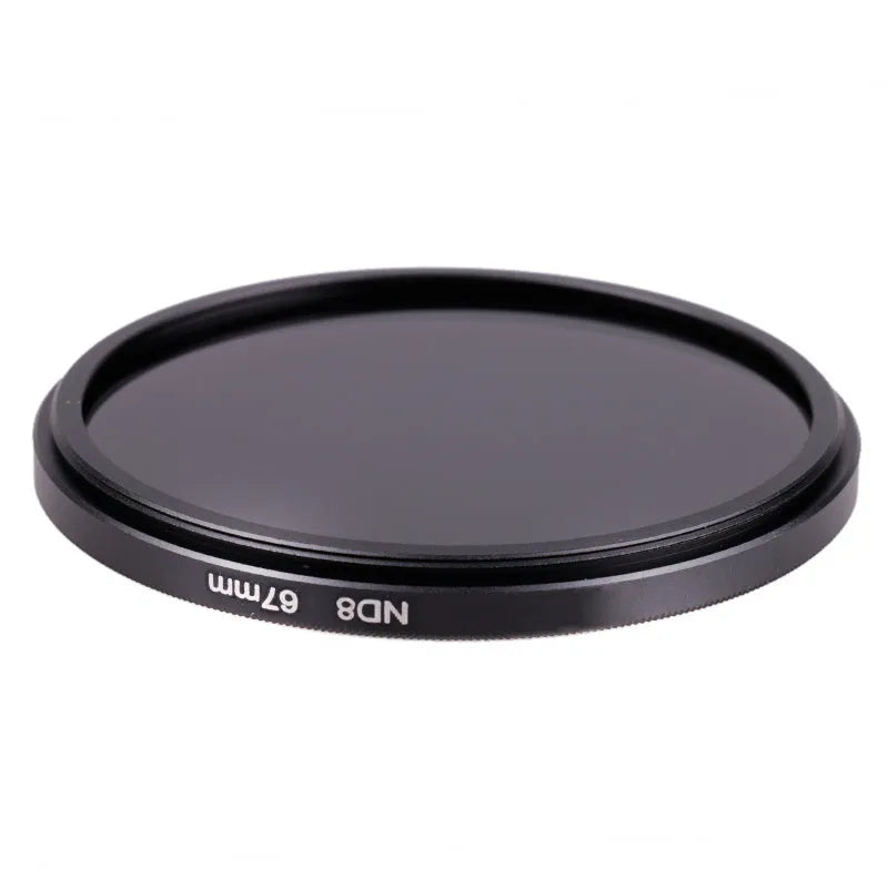 Camera ND8 filter with aviation aluminium frame showing thread sizes from 49mm to 82mm