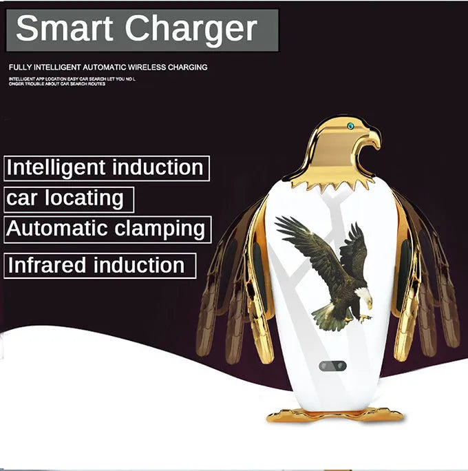Eagle style wireless charging car phone holder with a suction cup mount in black and gold.