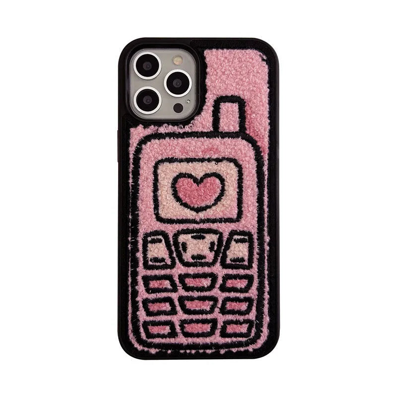 Pink TPU iPhone case with a textured towel-embroidered back cover, shown fitting an iPhone.