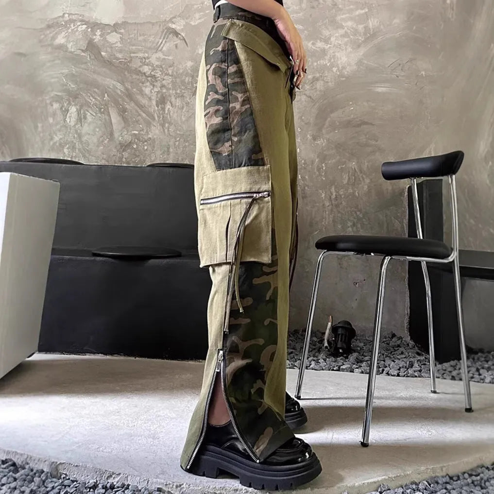 Dark khaki leopard print high waist straight-leg jeans with contrast colour fake stitching detail