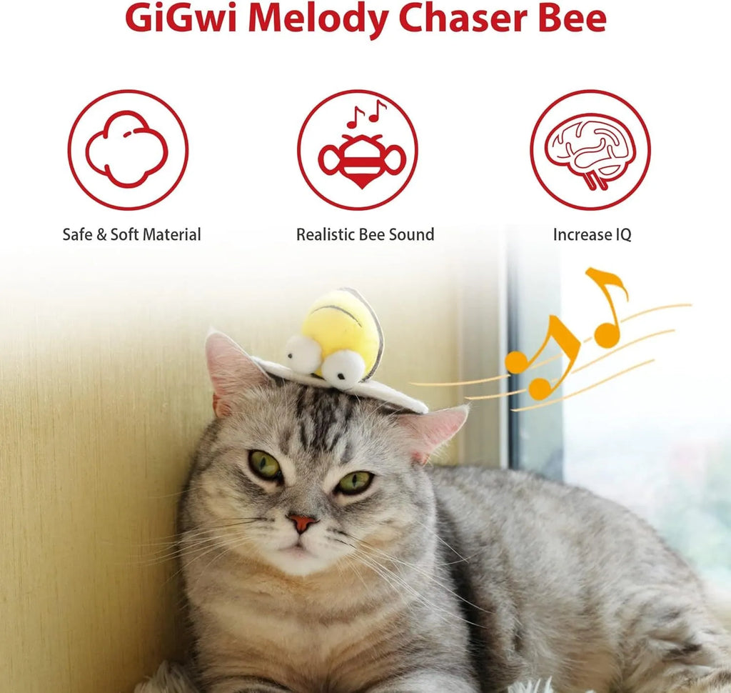 Yellow bee-shaped electronic cat toy with motion-activated squeaking functionality