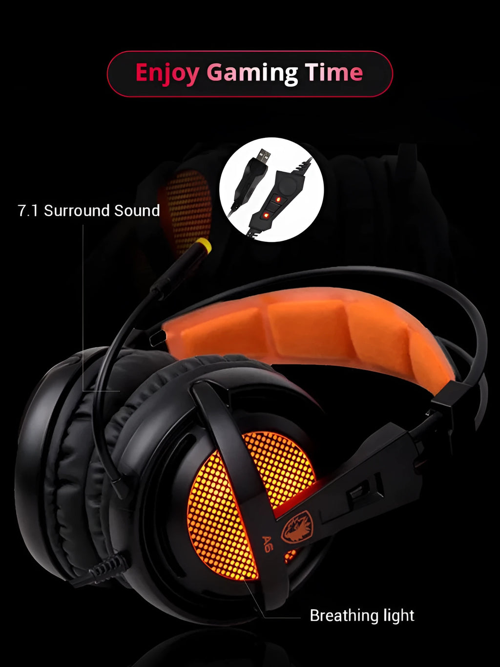 Black and white 7.1 USB gaming headset with LED lights on earcups and memory foam cushions.