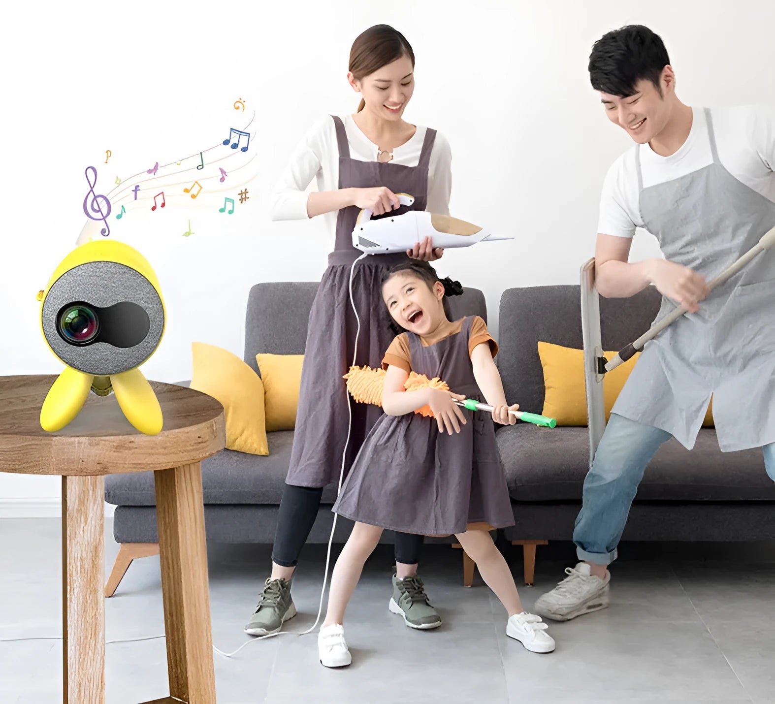 YG220 white or yellow LED projector displaying an image on a wall, showing front design and compact size.