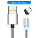 Black magnetic LED charging cable with cotton braiding and aluminium connector showing LED light