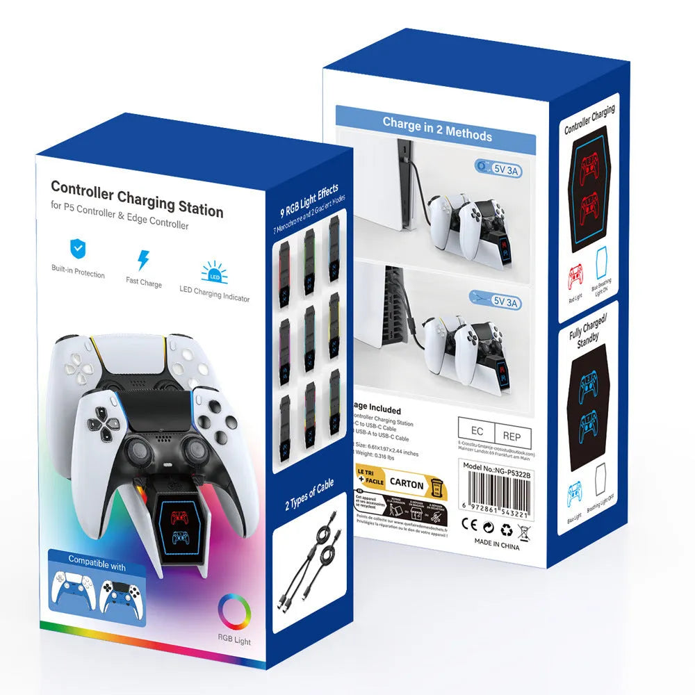 White PS5 wireless handle charger with RGB LED indicator and fixed dock, measuring 18.8 by 5.9 by 16.8 cm