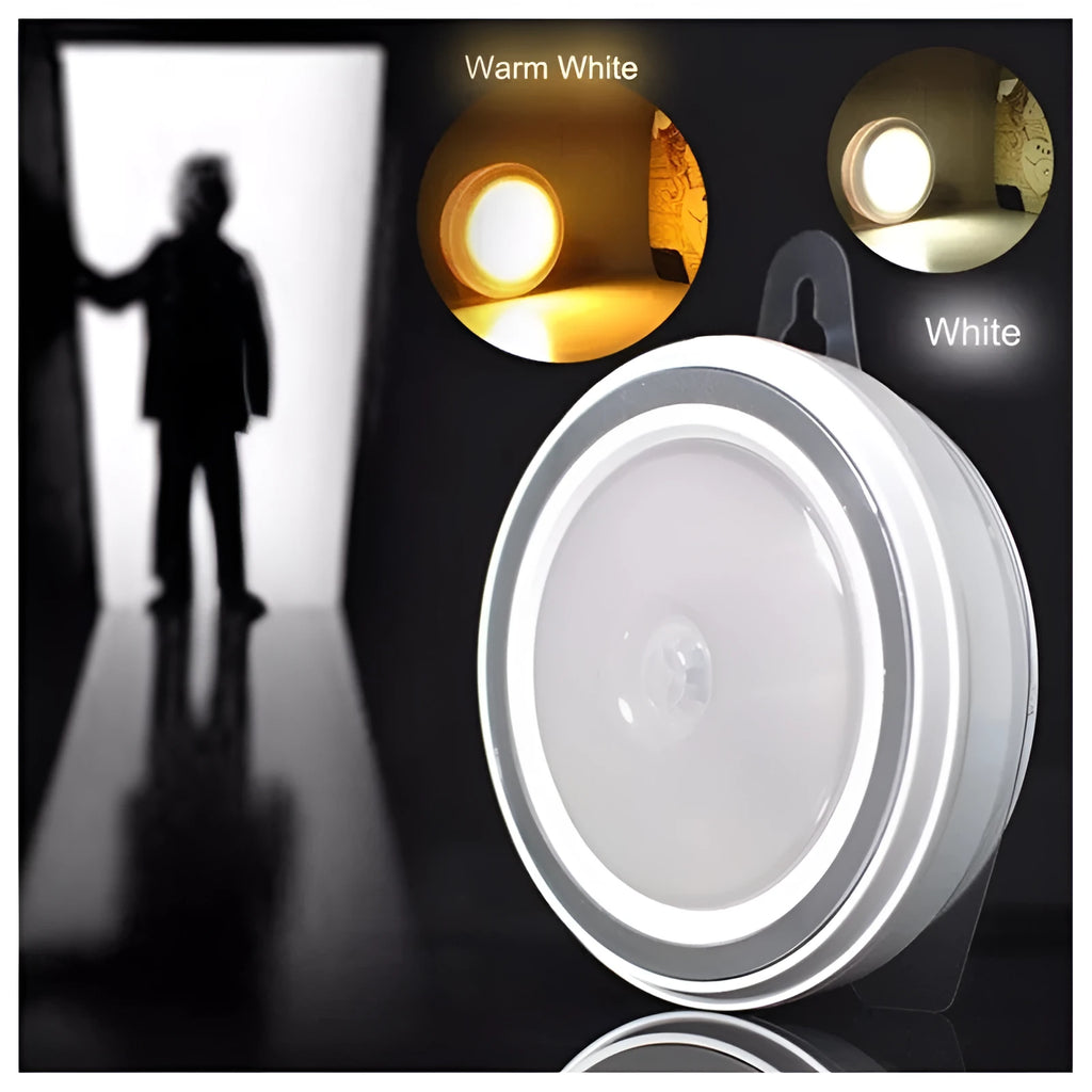 Circular smart motion sensor LED light with infrared sensor and five LEDs.