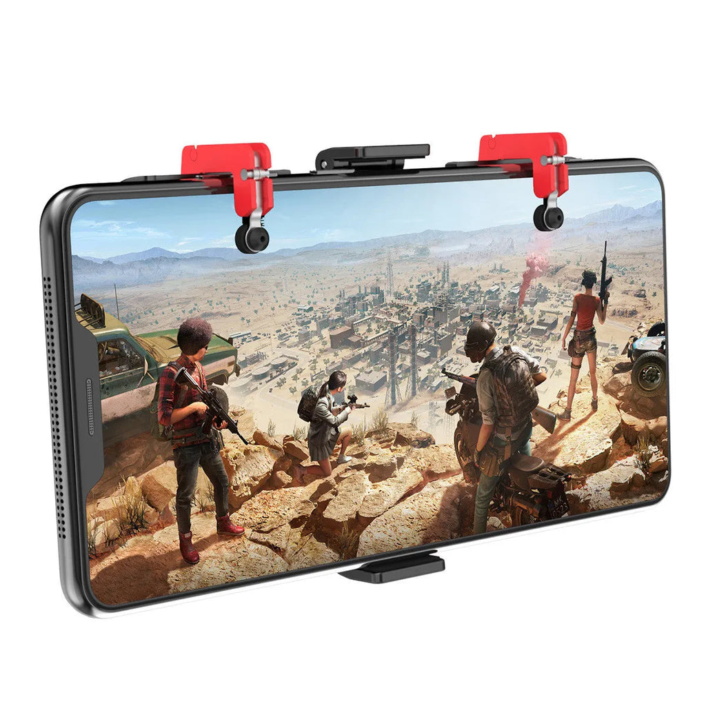 Black phone game controller bracket with an adjustable trigger and telescopic phone clip for mobile gaming.