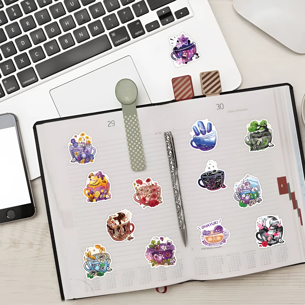Pack of colourful tea cup graffiti design waterproof stickers for DIY projects on sports equipment.