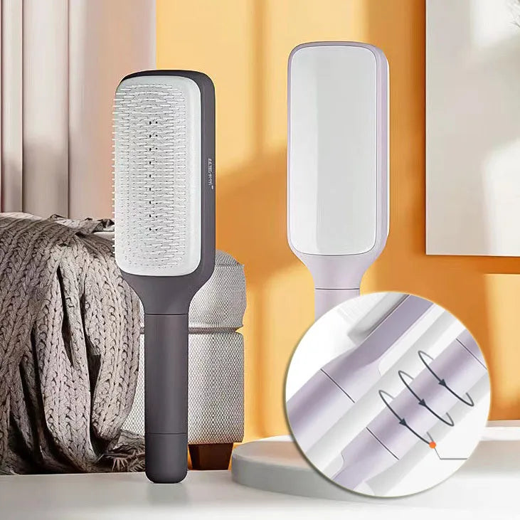 Purple self-cleaning hair brush with rotating handle and anti-static massage comb teeth