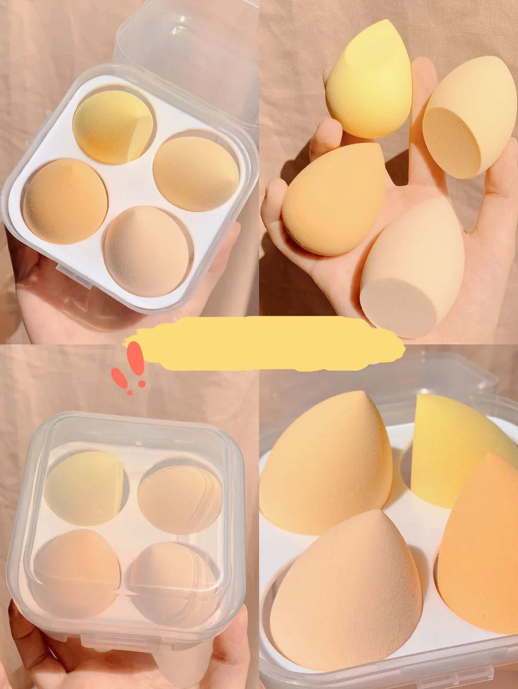 Four 6cm makeup egg sponges in grape, mango, mint and peach colours