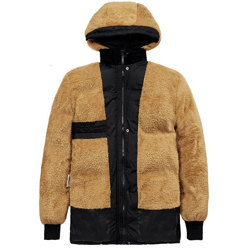 Men's black velvet-padded winter jacket with hood and double-breasted placket in loose fit