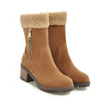 Women's snow boots with plush lining in black, grey, green, and orange colours