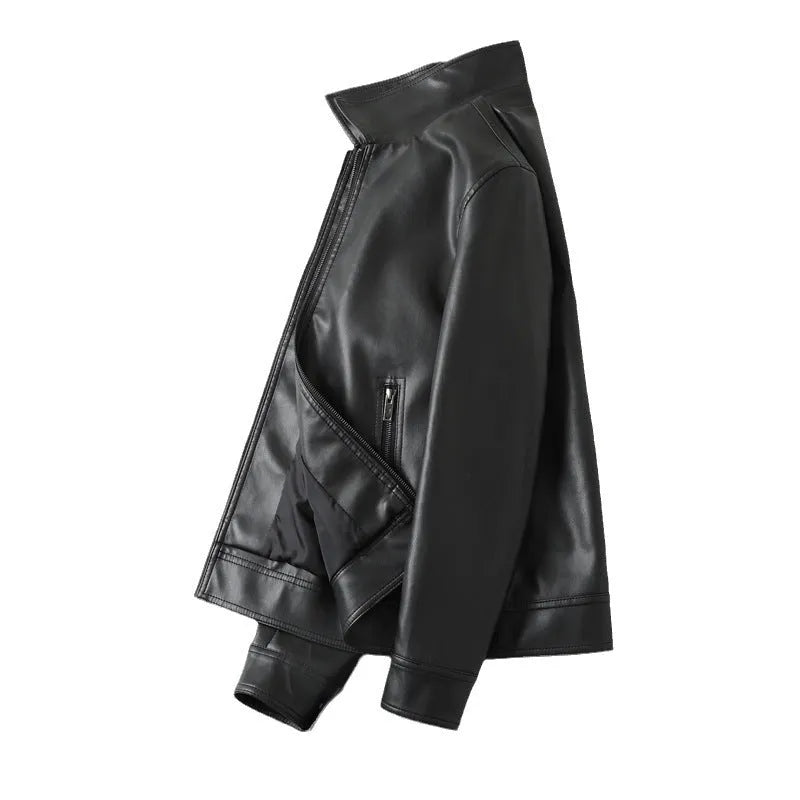 Men's black PU leather casual jacket with zip and patch pockets on a model.