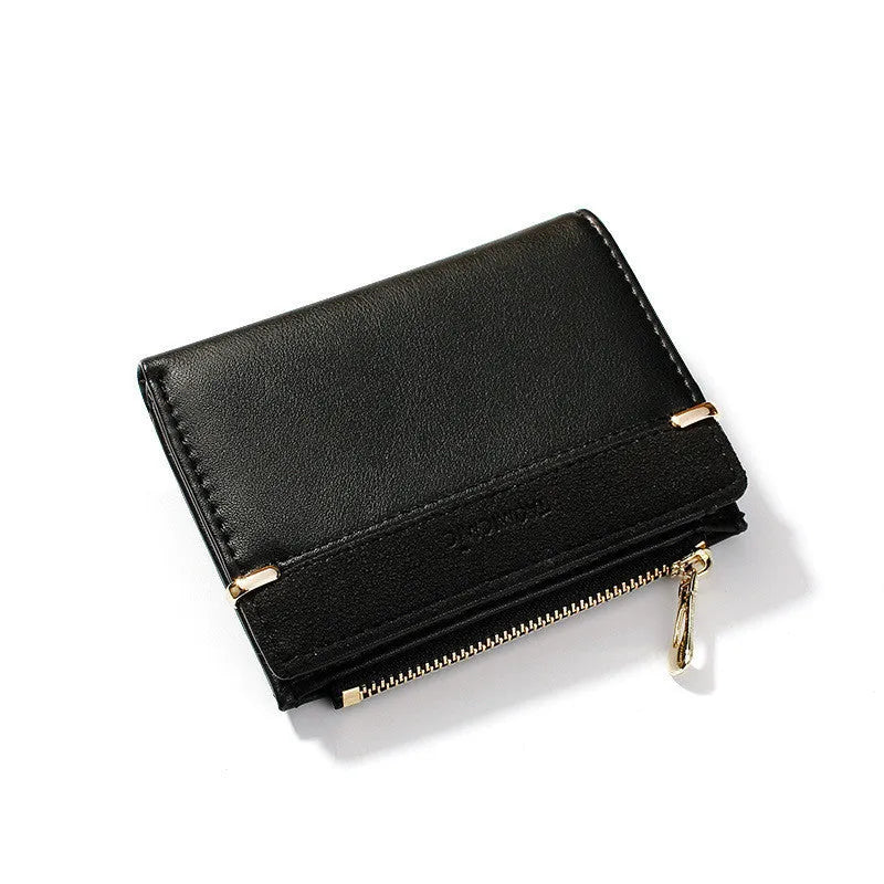 Black PU leather ladies wallet open to show card slots, bill holder, photo slot, and zipper compartment.
