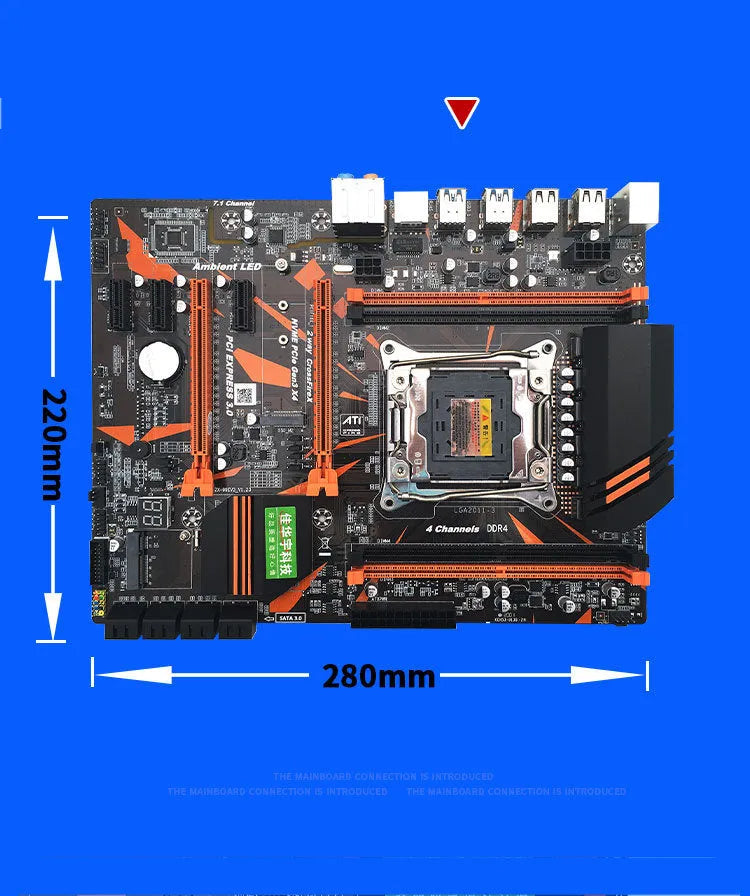 Black X99 chipset ATX motherboard with LGA2011-3 socket, four DDR4 slots, and M.2 interface.