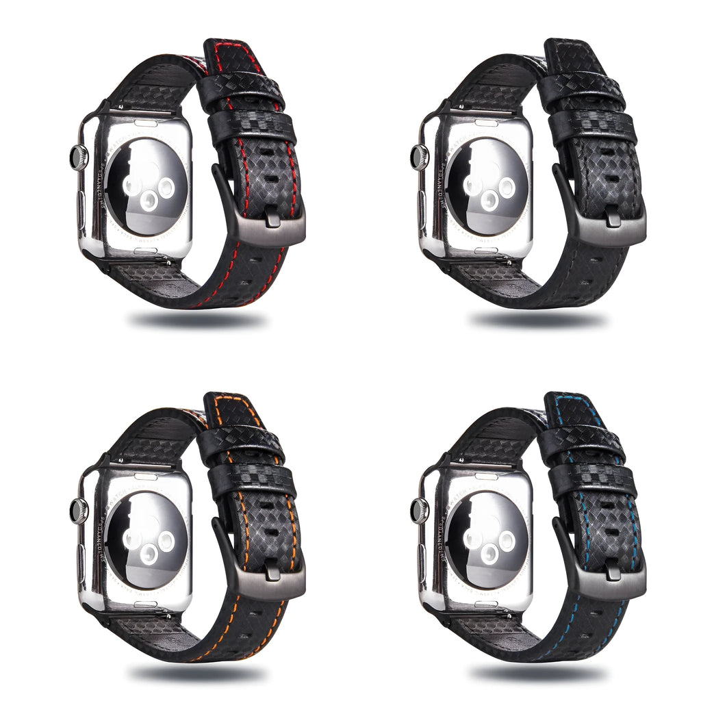 Leather Apple Watch band with carbon fibre pattern case in multiple colour options