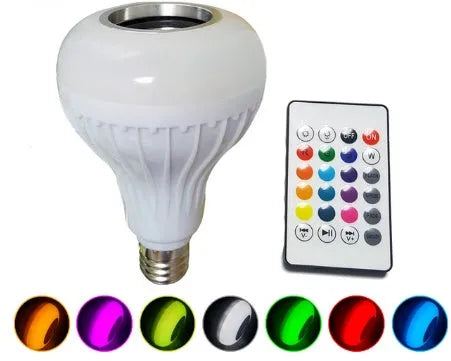 White Bluetooth speaker smart LED bulb with E27 base and remote control.