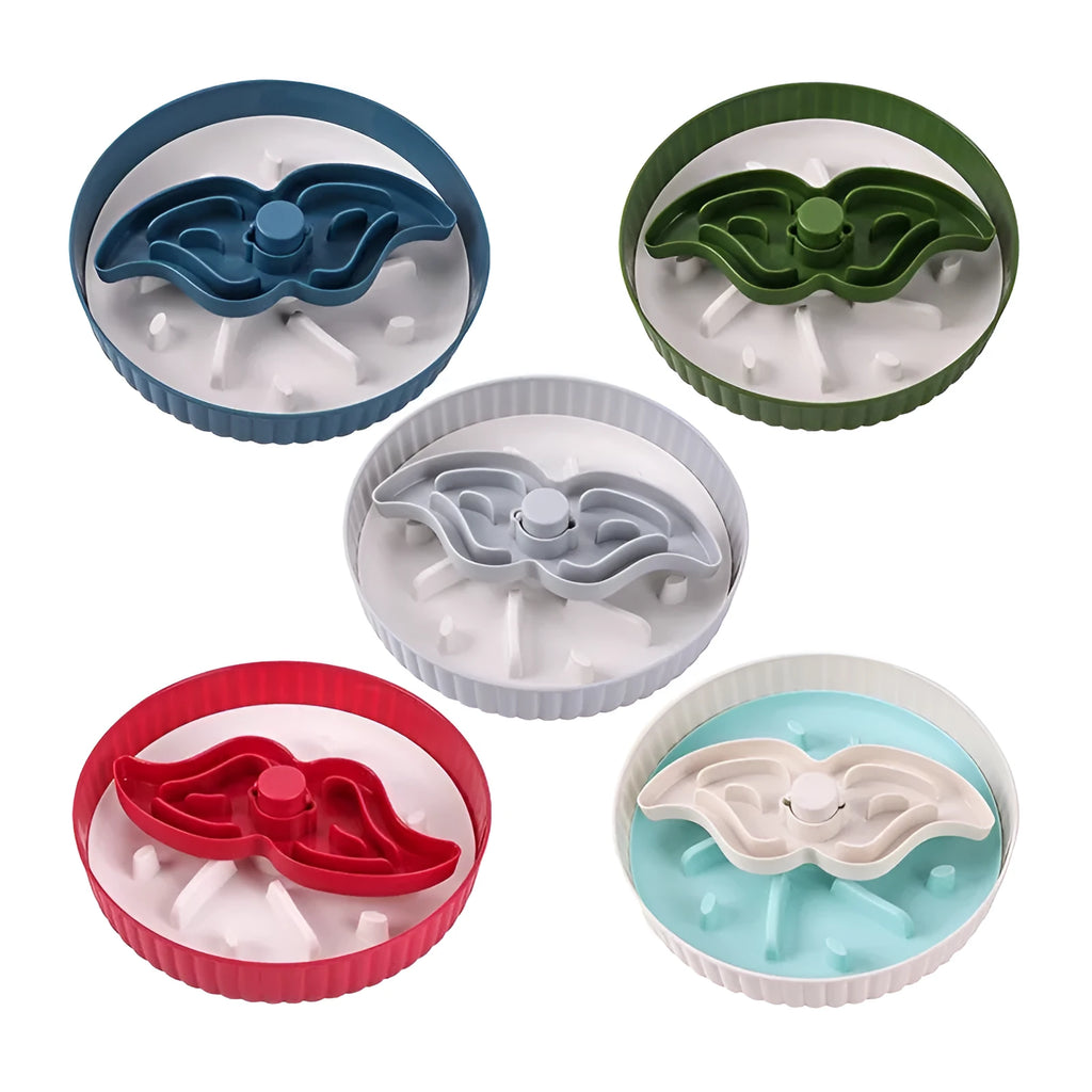 Pet food basin with rotating game board and silicone pad in multiple colour options