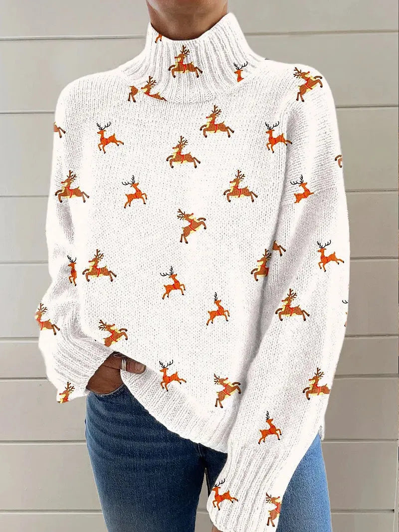 Women's printed turtleneck sweater with painting pattern in macaron colours, loose fit with long sleeves