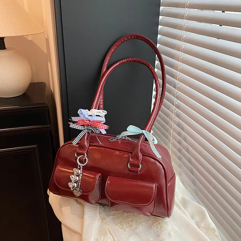 Retro women's PU leather pillow bag with double shoulder straps in black, brown, or red colour options