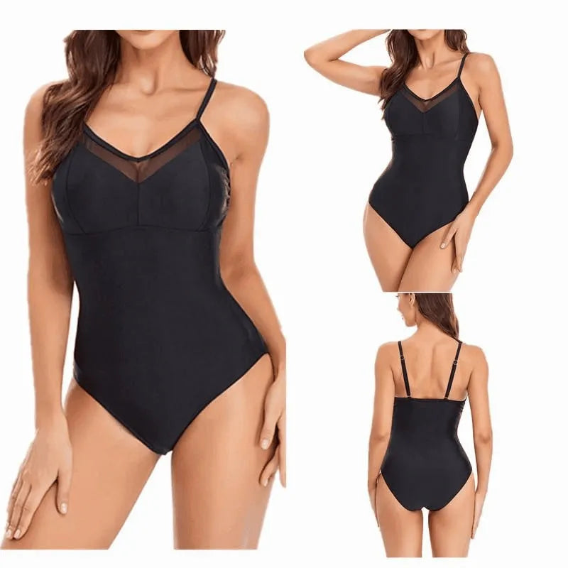 Women's solid blue backless one-piece swimsuit on a mannequin, showing mesh lining and tight fit.