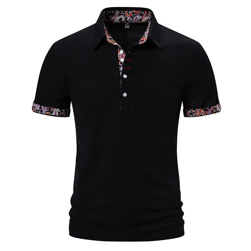 Men's cotton blend polo shirt with colour stitching on turnover collar in white, black or navy blue