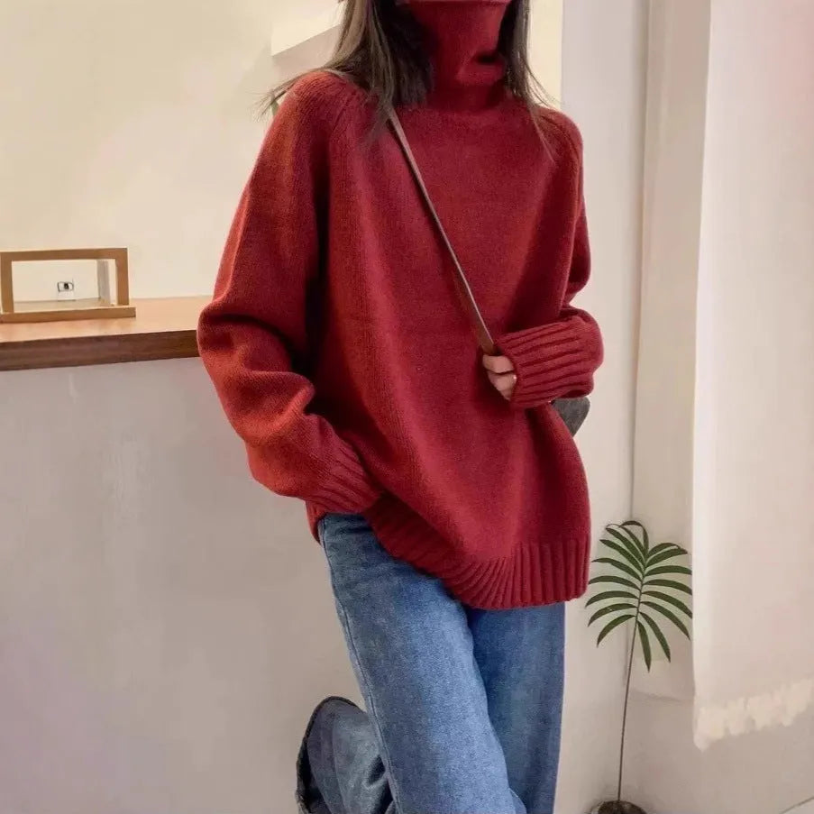 Women's loose turtleneck sweater with thick curling pile collar in red camel grey black colours