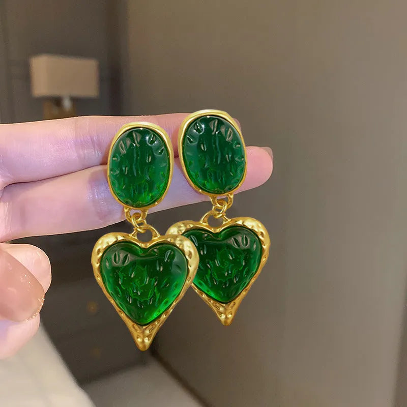 Pleated oval love heart stud earrings in purple, red, green, and yellow and white alloy colours