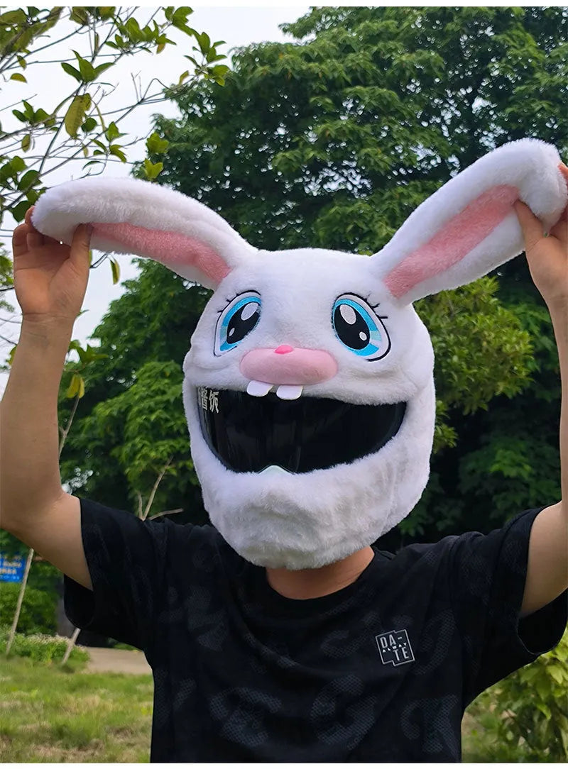 White decorative rabbit head helmet cover for electric motorcycles with plush lining.