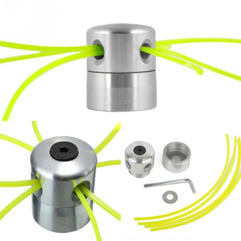 Silver aluminium lawn mower cylinder grass head accessory with four light yellow grass ropes