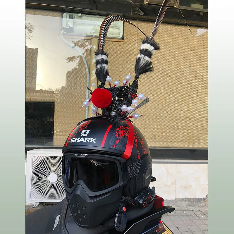 Gold crown and long quill feather ornament for customising a motorcycle helmet