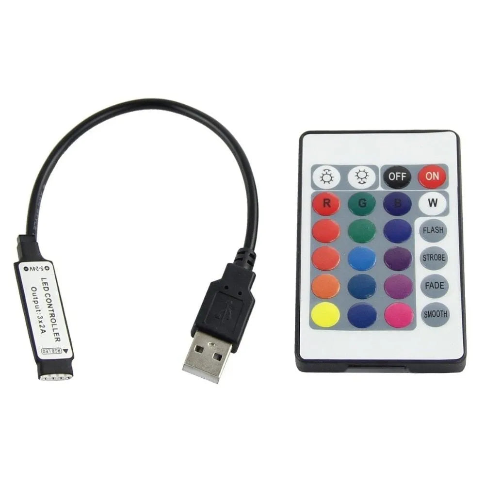 Close-up of a flexible white USB LED light strip showing SMD5050 LEDs and a connected USB cable.