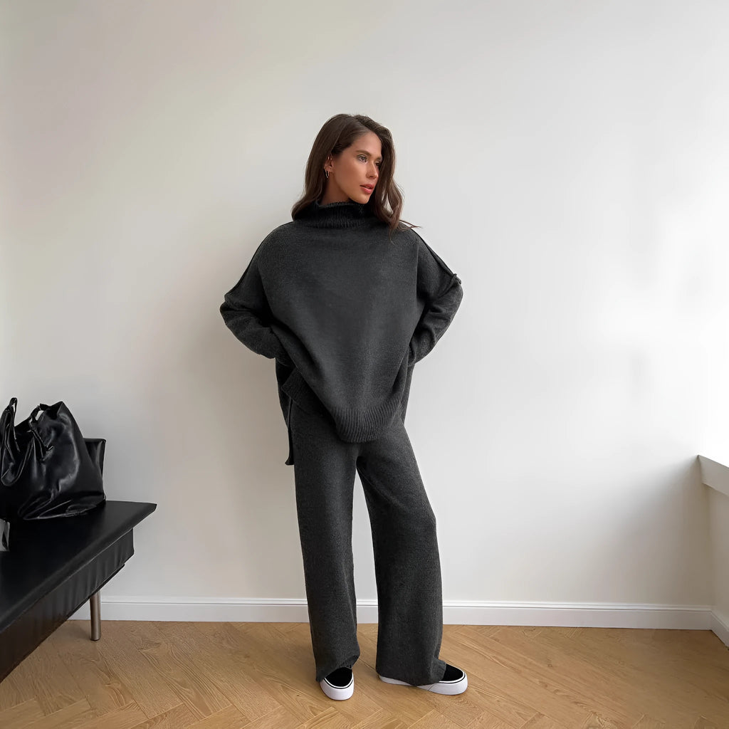 Women's acrylic suit set with side-slit sweater and matching trousers in solid colour