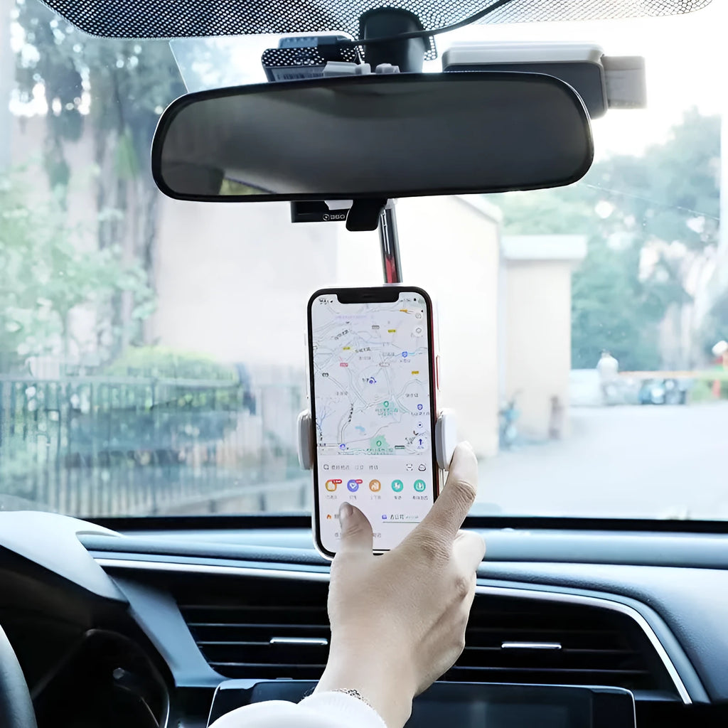 Black vehicle rearview mirror mobile phone bracket mounted with smartphone