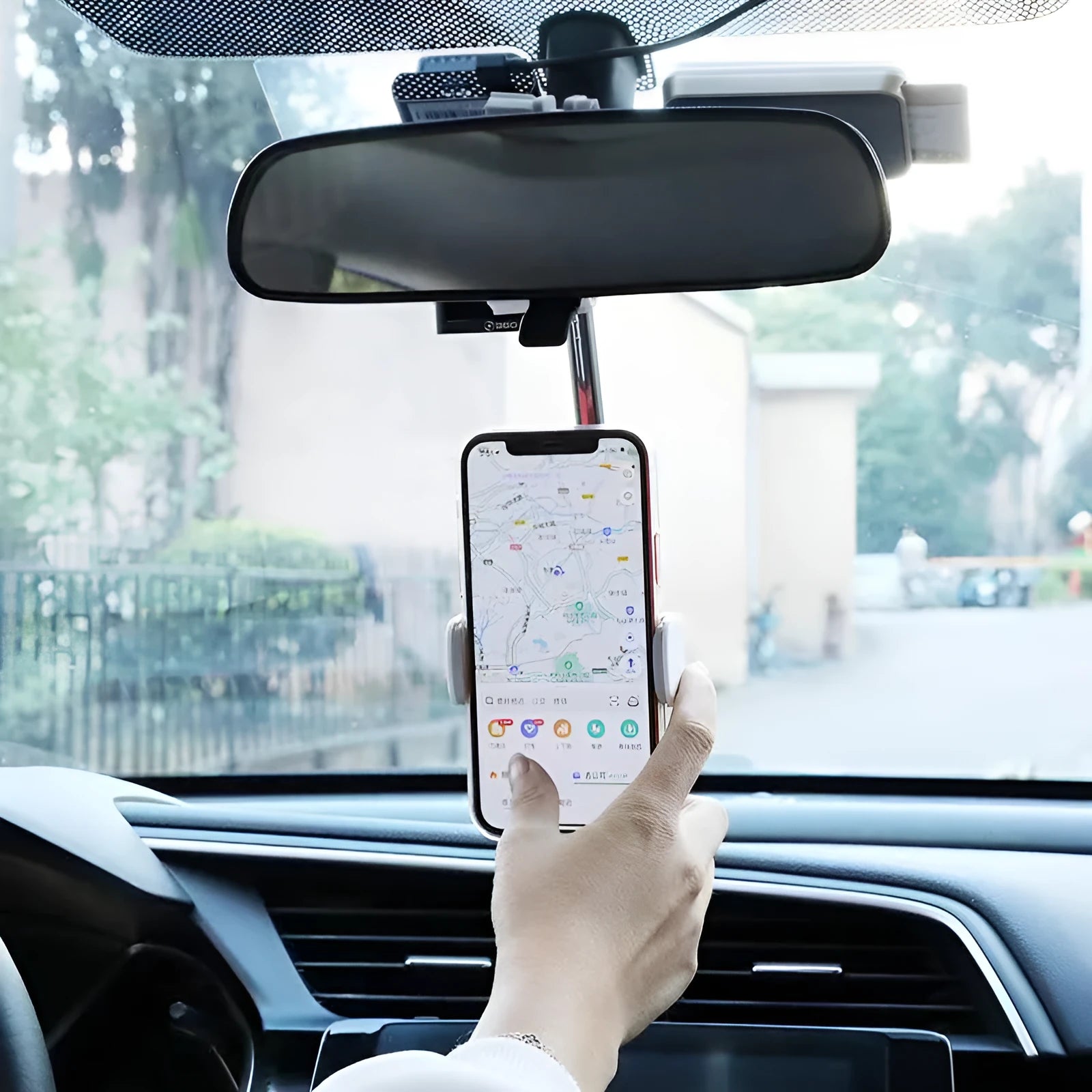 Black vehicle rearview mirror mobile phone bracket mounted with smartphone