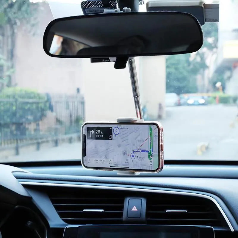 Black vehicle rearview mirror mobile phone bracket mounted with smartphone