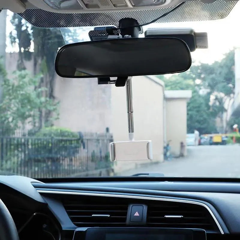 Black vehicle rearview mirror mobile phone bracket mounted with smartphone
