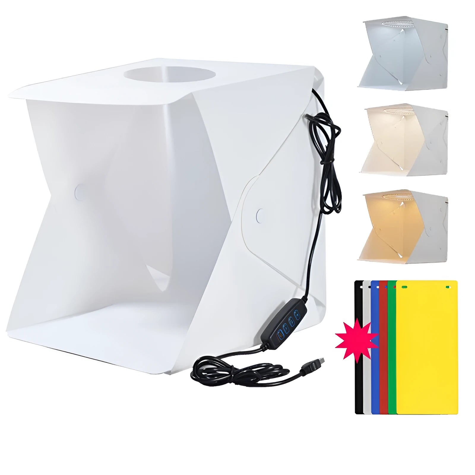 40cm foldable studio light box with LED ring light and six coloured background cloths for product photography