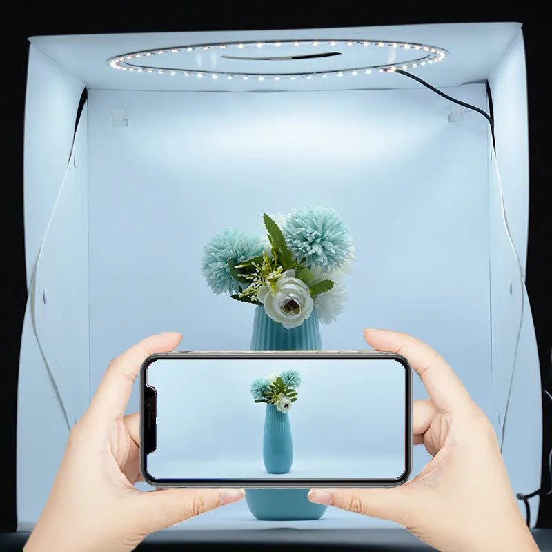 40cm foldable studio light box with LED ring light and six coloured background cloths for product photography