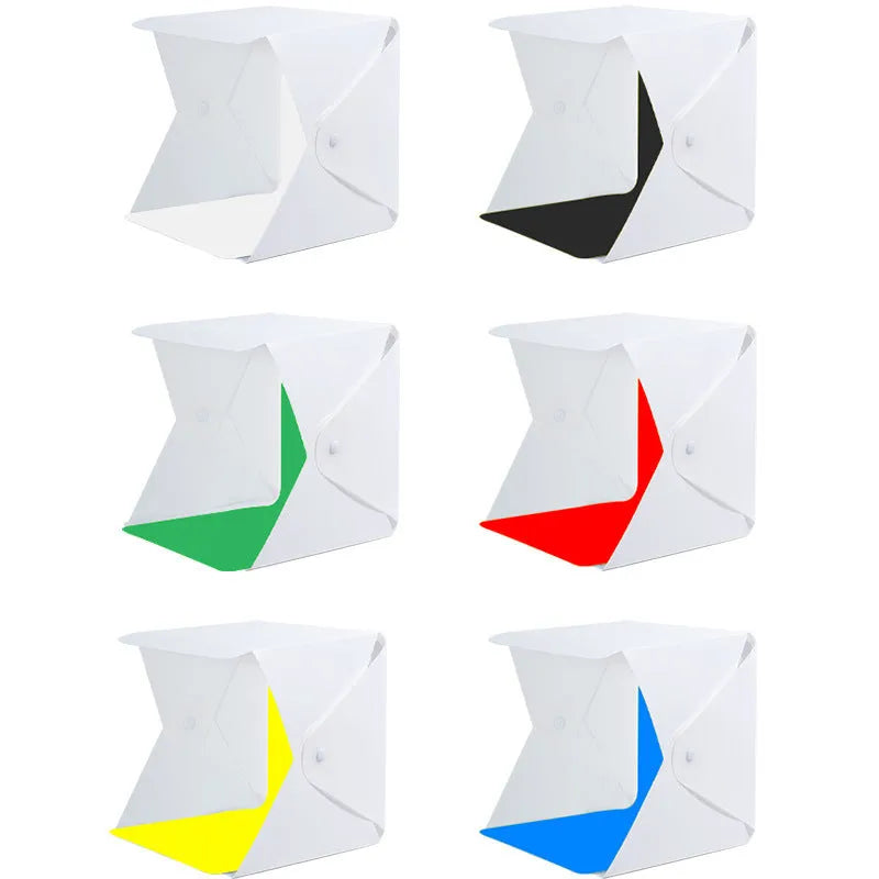 40cm foldable studio light box with LED ring light and six coloured background cloths for product photography